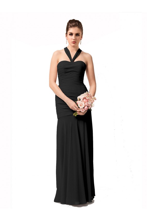 Site de Comprimento Chão Sem Mangas Chiffon Preto Sereia Sem Mangas Cabeçada Vestidos de Madrinha