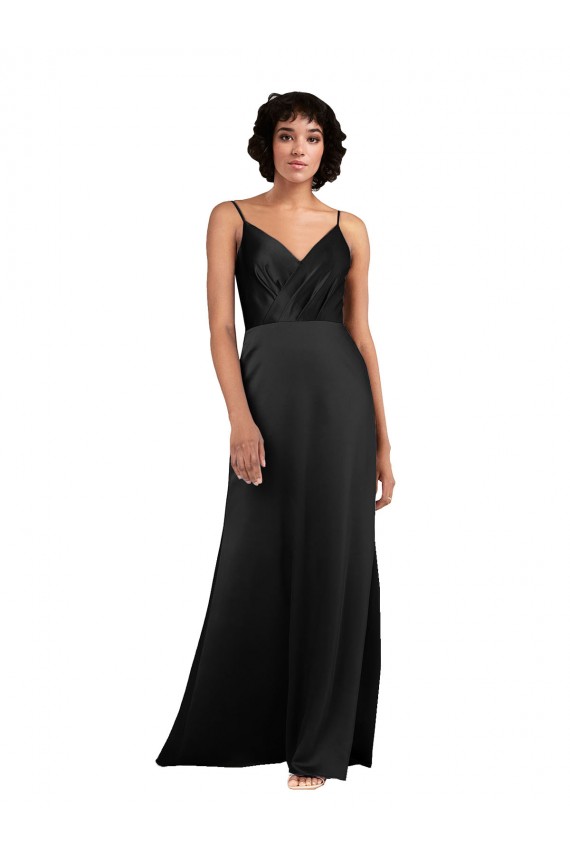 Site de Alto Baixo Sem Mangas Cetim Sedoso Preto Coluna Vestidos de Madrinha / Vestidos de Noite / Vestidos de Festa