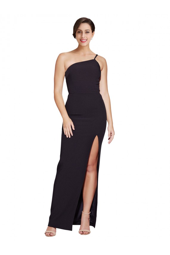 Site de Comprimento Chão Sem Mangas Crepe Esticado Preto Bainha Sem Mangas Um Ombro Vestidos de Madrinha / Vestidos de Noite / Vestidos de Festa
