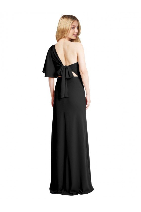 Site de Comprimento Chão Mangas Esvoaçantes Crepe Esticado Preto Bainha Vestidos de Madrinha / Vestidos de Noite / Vestidos de Festa