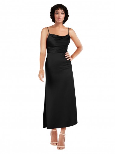Site de Comprimento Chá Sem Mangas Cetim Sedoso Preto Linha A Vestidos de Madrinha / Vestidos de Noite / Vestidos de Festa
