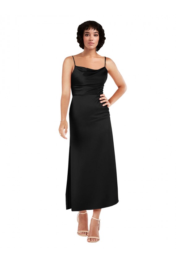 Site de Comprimento Chá Sem Mangas Cetim Sedoso Preto Linha A Vestidos de Madrinha / Vestidos de Noite / Vestidos de Festa