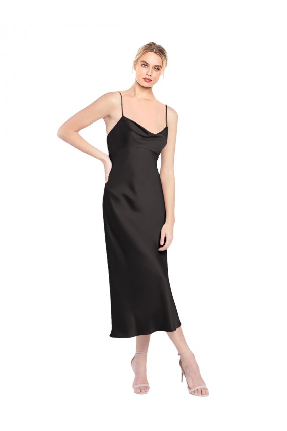 Site de Comprimento Midi Sem Mangas Cetim Elástico Preto Linha A Vestidos de Madrinha / Vestidos de Noite / Vestidos de Festa