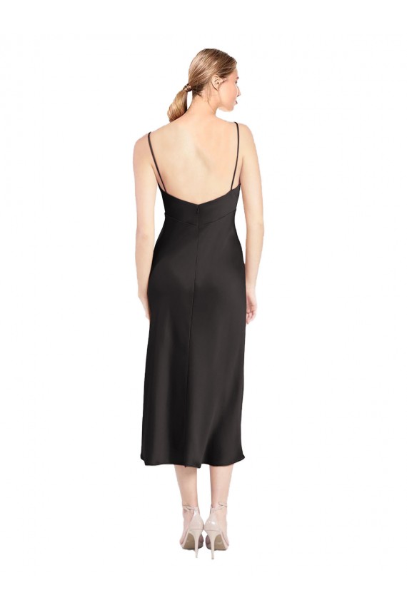 Site de Comprimento Midi Sem Mangas Cetim Elástico Preto Linha A Vestidos de Madrinha / Vestidos de Noite / Vestidos de Festa