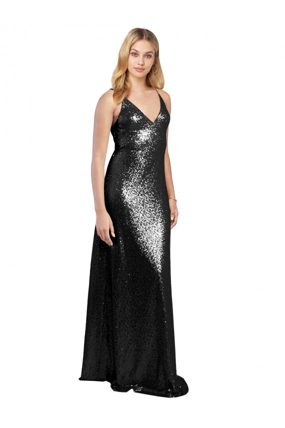 Site de Comprimento Chão Sem Mangas Lantejoulas Preto Linha A Vestidos de Madrinha / Vestidos de Noite / Vestidos de Festa