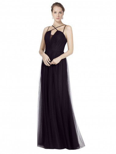Site de Comprimento Chão Sem Mangas Tule Preto Linha A Vestido de Madrinha