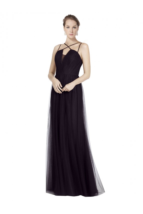 Site de Comprimento Chão Sem Mangas Tule Preto Linha A Vestido de Madrinha