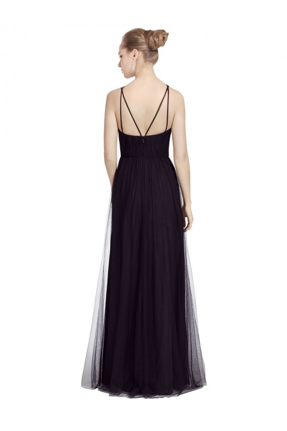 Site de Comprimento Chão Sem Mangas Tule Preto Linha A Vestido de Madrinha