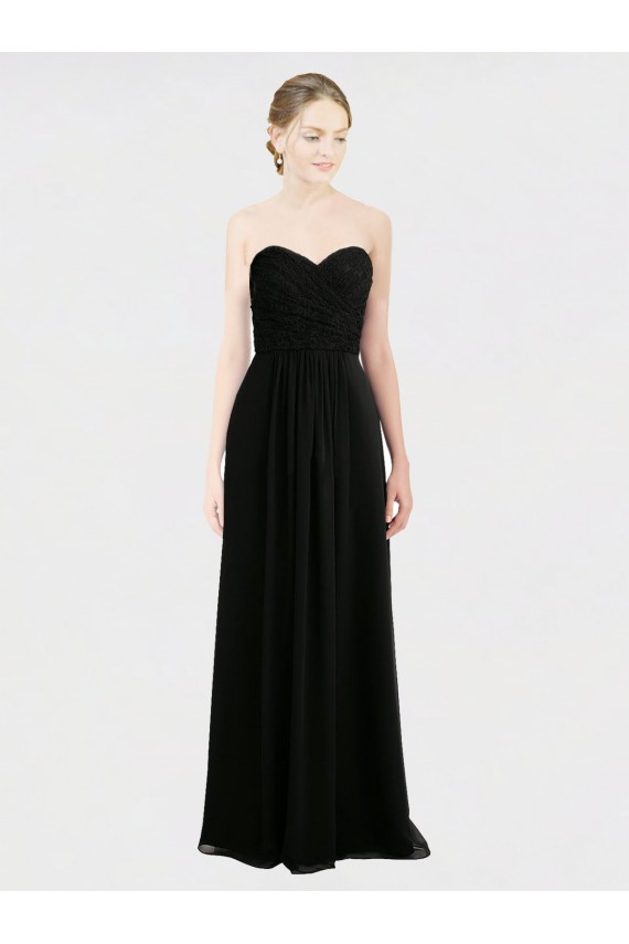 Site de Comprimento Chão Sem Mangas Chiffon & Renda Preto Linha A Vestidos de Madrinha