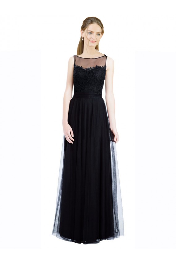 Site de Comprimento Chão Sem Mangas Tule & Renda Preto Linha A Vestidos de Madrinha
