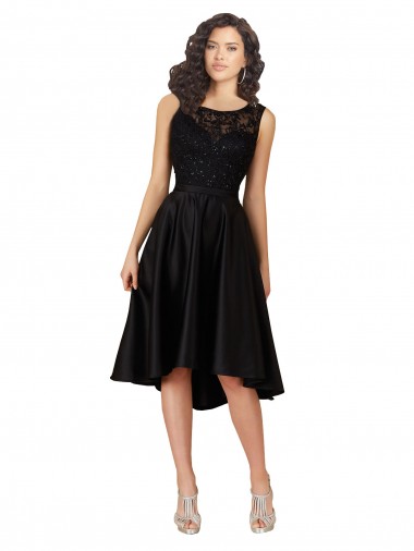 Site de Alto Baixo Sem Mangas Cetim & Renda Preto Linha A Vestidos de Madrinha / Vestidos de Cocktail / Vestidos de Homecoming