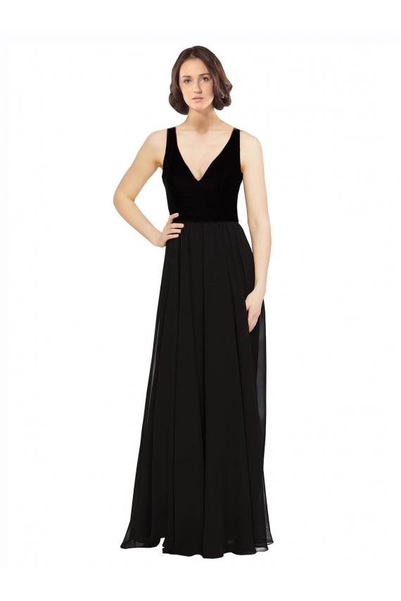 Site de Comprimento Chão Sem Mangas Chiffon & Veludo Preto Linha A Vestidos de Madrinha / Vestidos de Festa