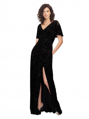 Site de Comprimento Chão Mangas Curtas, Mangas Divididas Veludo Floral & Veludo Elástico Preto Linha A Vestidos de Madrinha