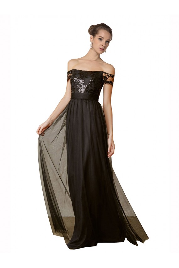 Site de Comprimento Chão Sem Mangas Tule & Lantejoulas Preto Linha A Vestidos de Madrinha