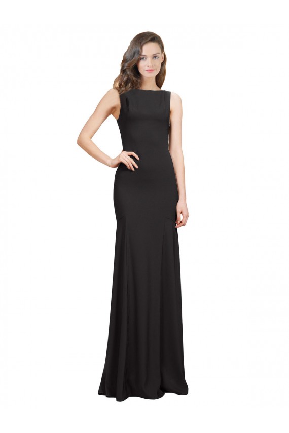 Site de Comprimento Chão Sem Mangas Crepe Esticado Preto Sereia Sem Mangas Vestidos de Madrinha / Vestidos de Festa