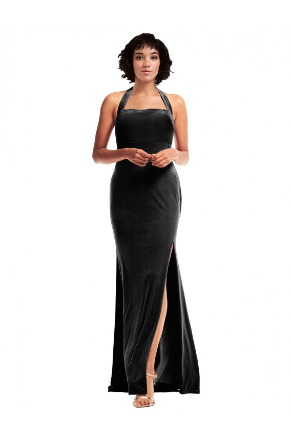 Site de Comprimento Chão Sem Mangas Veludo Elástico Preto Sereia Vestidos de Madrinha / Vestidos de Noite / Vestidos de Festa