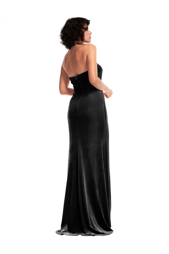 Site de Comprimento Chão Sem Mangas Veludo Elástico Preto Sereia Vestidos de Madrinha / Vestidos de Noite / Vestidos de Festa