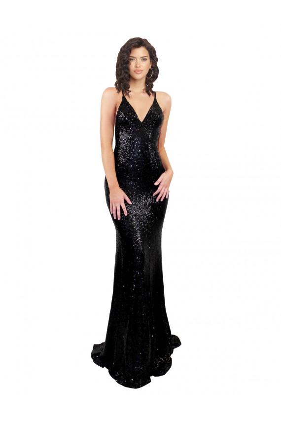 Site de Comprimento Chão Sem Mangas Lantejoulas Preto Sereia Vestidos de Madrinha / Vestidos de Noite / Vestidos de Festa