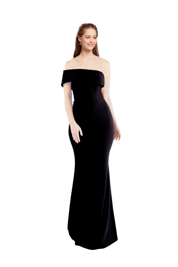 Site de Comprimento Chão Sem Mangas Crepe Esticado Preto Sereia Sem Mangas Um Ombro Vestidos de Madrinha / Vestidos de Noite / Vestidos de Festa