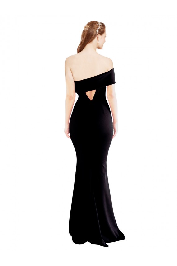 Site de Comprimento Chão Sem Mangas Crepe Esticado Preto Sereia Sem Mangas Um Ombro Vestidos de Madrinha / Vestidos de Noite / Vestidos de Festa