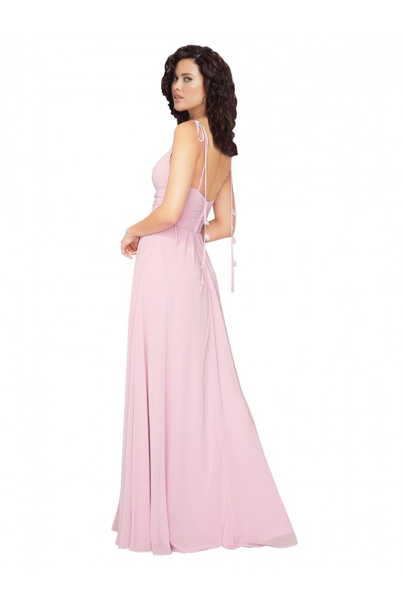 Site de Comprimento Chão Sem Mangas Chiffon Quase Rosa Linha A Sem Mangas Decote V Vestidos de Madrinha