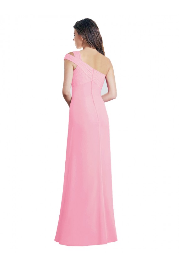 Site de Comprimento Chão Sem Mangas Chiffon Quase Rosa Linha A Sem Mangas Um Ombro Vestidos de Madrinha