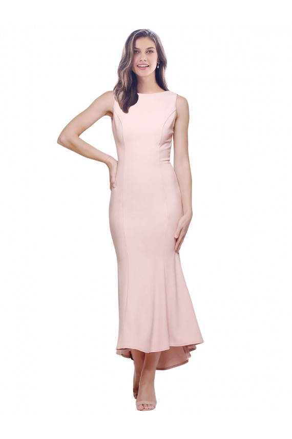 Site de Alto Baixo Sem Mangas Crepe Esticado Rosa Bainha Vestidos de Madrinha / Vestidos de Noite / Vestidos de Festa / Vestidos de Cocktail
