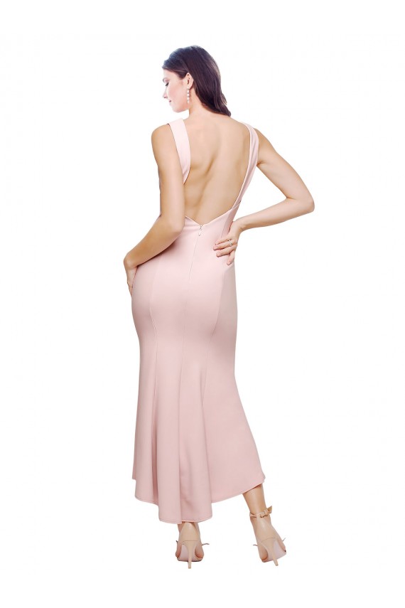 Site de Alto Baixo Sem Mangas Crepe Esticado Rosa Bainha Vestidos de Madrinha / Vestidos de Noite / Vestidos de Festa / Vestidos de Cocktail