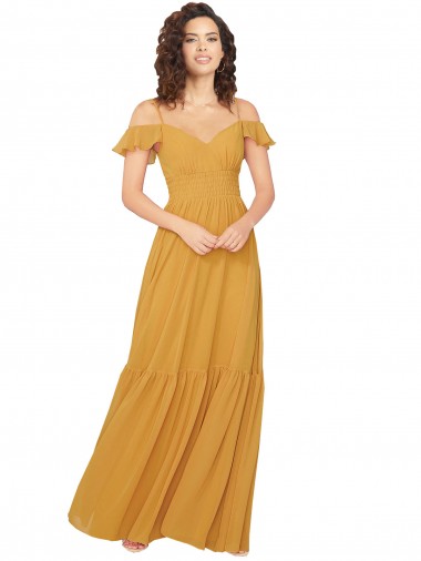Site de Comprimento Chão Ombro Frio Chiffon Açafrão Linha A Vestidos de Madrinha