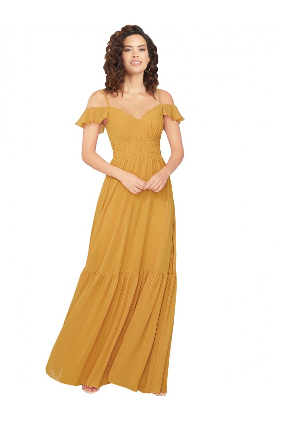 Site de Comprimento Chão Ombro Frio Chiffon Açafrão Linha A Vestidos de Madrinha