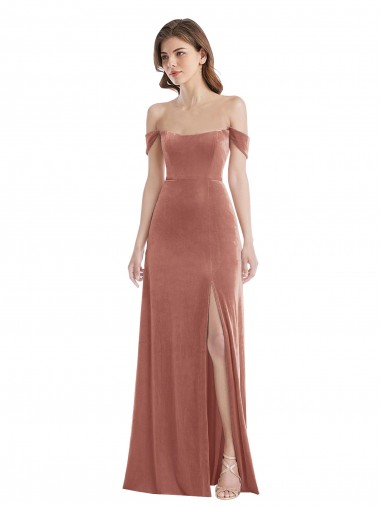 Site de Comprimento Chão Sem Mangas Veludo Elástico Rosa Canela Linha A Vestido de Madrinha / Vestido de Festa