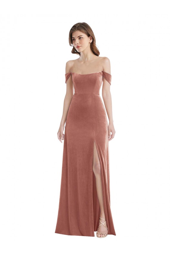 Site de Comprimento Chão Sem Mangas Veludo Elástico Rosa Canela Linha A Vestido de Madrinha / Vestido de Festa