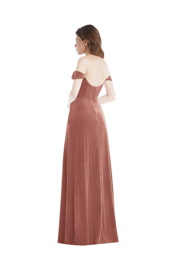 Site de Comprimento Chão Sem Mangas Veludo Elástico Rosa Canela Linha A Vestido de Madrinha / Vestido de Festa