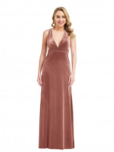 Site de Comprimento Chão Sem Mangas Veludo Elástico Rosa Canela Linha A Sem Mangas Vestidos de Madrinha / Vestidos de Noite / Vestidos de Festa