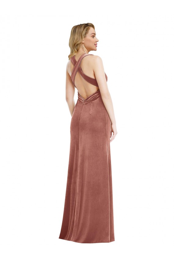 Site de Comprimento Chão Sem Mangas Veludo Elástico Rosa Canela Linha A Sem Mangas Vestidos de Madrinha / Vestidos de Noite / Vestidos de Festa