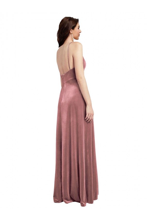Site de Comprimento Chão Sem Mangas Veludo Elástico Rosa Canela Linha A Vestidos de Madrinha / Vestidos de Noite / Vestidos de Festa