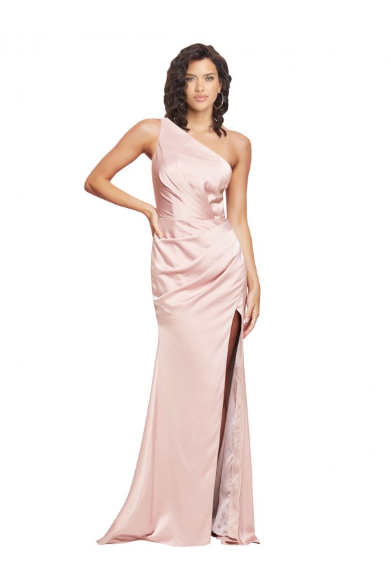 Site de Comprimento Chão Sem Mangas Cetim Sedoso Rosa Bainha Sem Mangas Vestidos de Madrinha / Vestidos de Noite / Vestidos de Festa