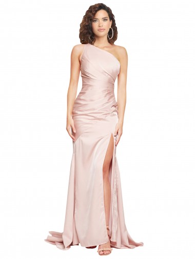 Site de Comprimento Chão Sem Mangas Cetim Sedoso Rosa Bainha Vestidos de Madrinha / Vestidos de Noite / Vestidos de Festa
