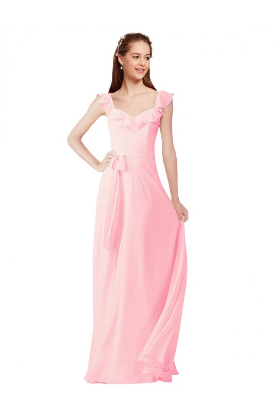 Site de Comprimento Chão Mangas Curtas Chiffon Rosa Linha A Mangas Curtas Longo Decote V Vestidos de Madrinha