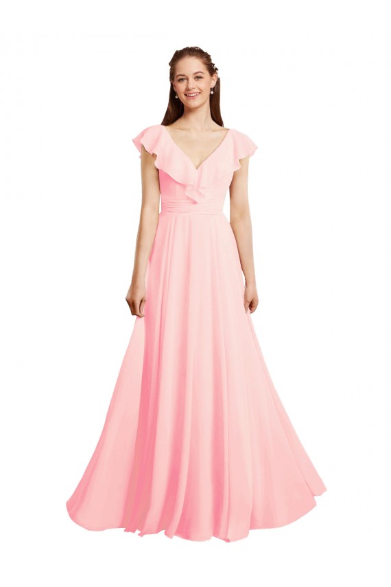 Site de Comprimento Chão Mangas Curtas Chiffon Rosa Linha A Mangas Curtas Decote V Vestidos de Madrinha