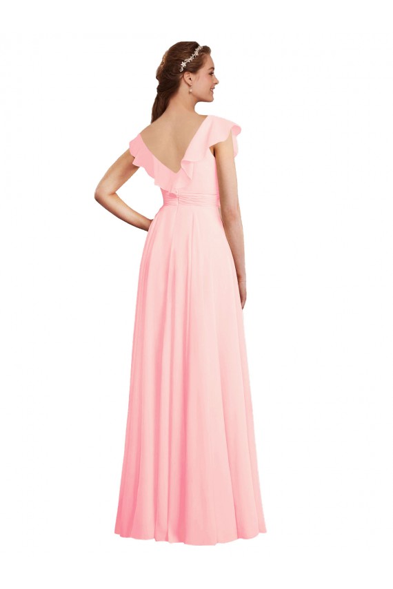Site de Comprimento Chão Mangas Curtas Chiffon Rosa Linha A Mangas Curtas Decote V Vestidos de Madrinha