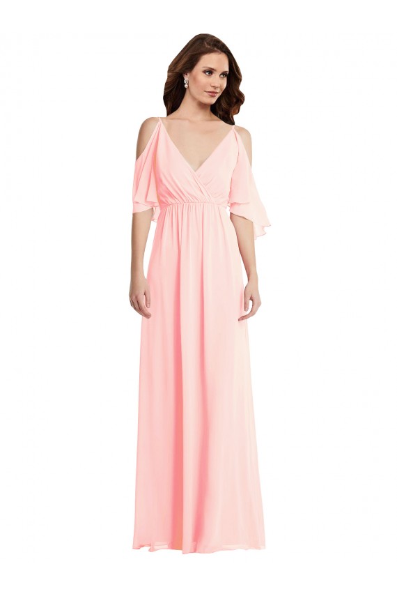 Site de Comprimento Chão Ombro Frio Chiffon Rosa Linha A Vestidos de Madrinha