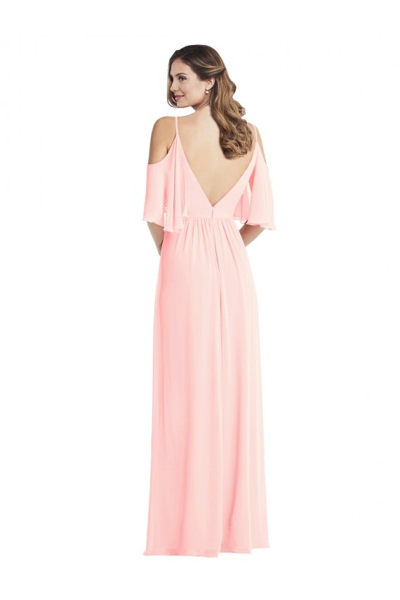 Site de Comprimento Chão Ombro Frio Chiffon Rosa Linha A Vestidos de Madrinha