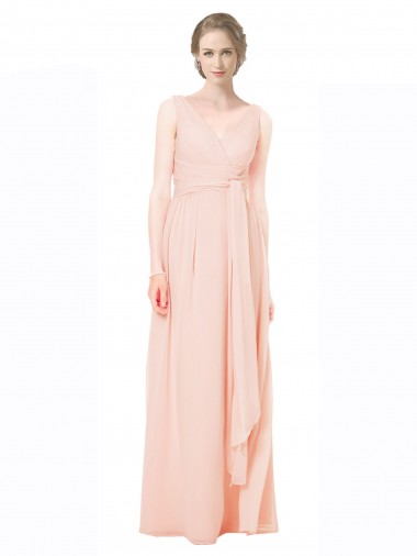 Site de Comprimento Chão Sem Mangas Chiffon Linha A Vestido de Madrinha