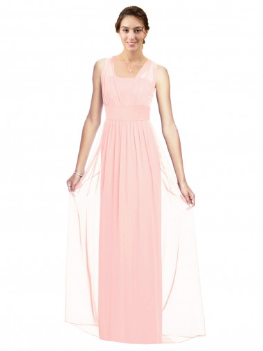 Site de Comprimento Chão Sem Mangas Chiffon Rosa Linha A Sem Mangas Longo Decote V Vestidos de Madrinha