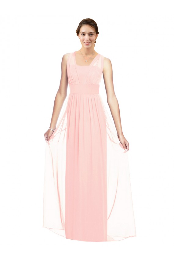 Site de Comprimento Chão Sem Mangas Chiffon Rosa Linha A Sem Mangas Longo Decote V Vestidos de Madrinha
