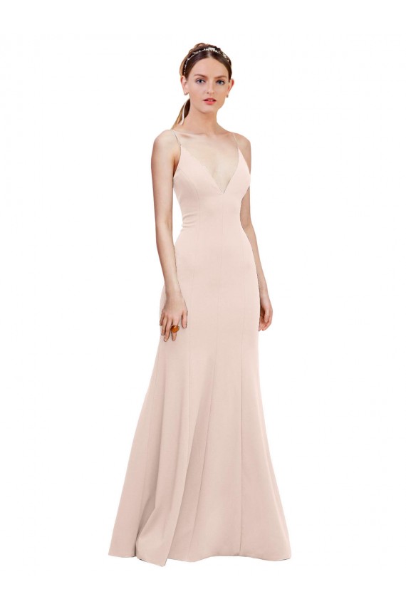 Site de Comprimento Chão Sem Mangas Crepe Esticado Rosa Linha A Sem Mangas Decote V Vestidos de Madrinha / Vestidos de Noite / Vestidos de Festa