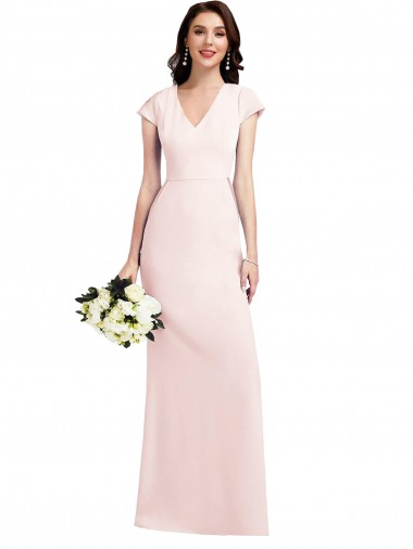 Site de Comprimento Chão Mangas Curtas Crepe Esticado Rosa Linha A Vestidos de Madrinha / Vestidos de Noite / Vestidos de Festa