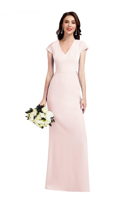 Site de Comprimento Chão Mangas Curtas Crepe Esticado Rosa Linha A Vestidos de Madrinha / Vestidos de Noite / Vestidos de Festa