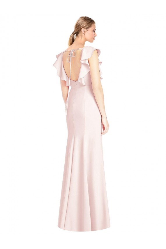 Site de Comprimento Chão Mangas Curtas Crepe Esticado Rosa Trombeta Vestidos de Madrinha / Vestidos de Festa